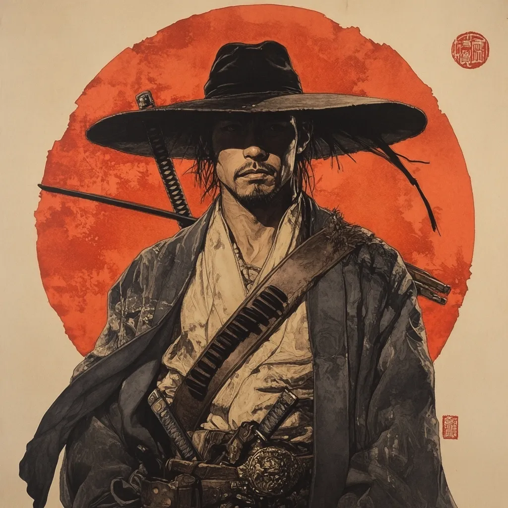 A striking illustration depicts a samurai, his face partially shadowed by a wide-brimmed hat.  He stands against a vibrant red sun, his attire a mix of traditional Japanese clothing and Western-style gunbelt.  Two katana are visible, strapped to his body, emphasizing his warrior status. The artwork's style blends traditional Japanese aesthetics with a modern, gritty sensibility.  The overall effect is one of brooding intensity and captivating visual storytelling.