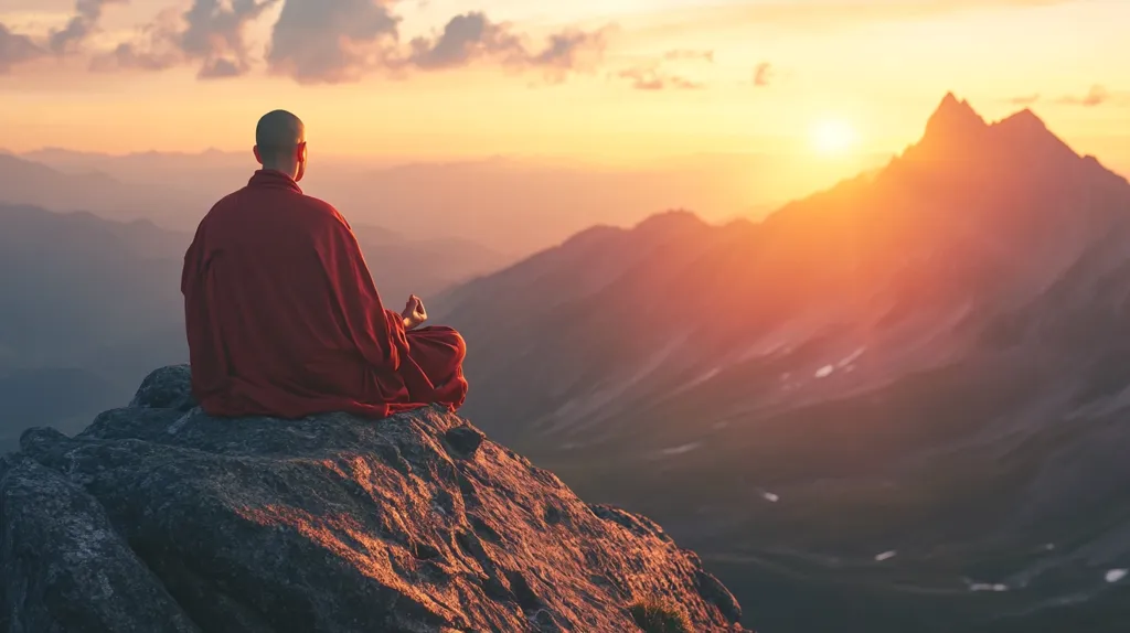 A serene monk, cloaked in a deep red robe, sits in a meditative posture atop a rocky mountain peak.  The sun sets behind a majestic range of mountains, casting a warm, golden light across the landscape. The scene evokes a sense of peace, tranquility, and spiritual contemplation.  The vastness of the mountains emphasizes the monk's solitude and connection with nature.