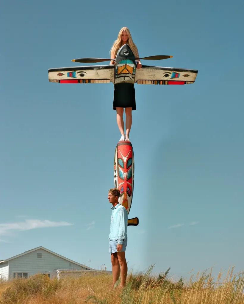 A blonde woman balances atop a totem pole, supporting a stylized airplane.  Below, a man stands, seemingly holding the base of the pole. The scene is set against a clear blue sky and a simple house in the distance, creating a surreal and artistic image.  The vibrant colors of the plane and pole contrast with the muted tones of the landscape.