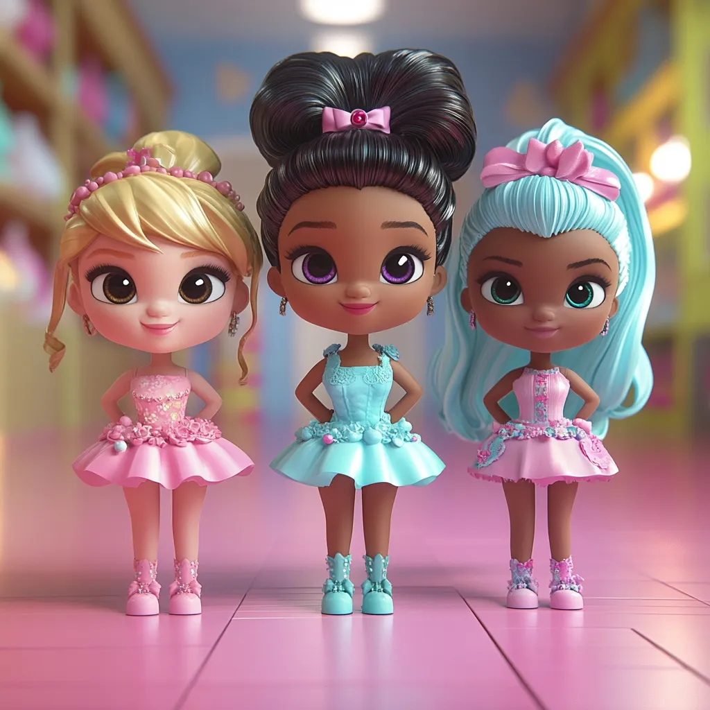 Three adorable stylized dolls stand in a row.  The doll on the left has blonde hair and wears a pink tutu. The center doll has dark brown hair in an updo and a light teal dress. The doll on the right has light blue hair and a pink dress.  All dolls have large eyes and wear ornate shoes.  They are positioned on a pink floor, likely part of a toy advertisement or promotional image.