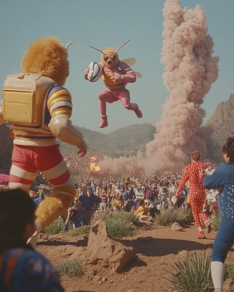 A bee-like creature in a pink rugby uniform leaps through the air, rugby ball in hand, toward a fuzzy, costumed figure.  A large crowd watches from below, amidst a desert landscape and a plume of pink smoke rising in the background.  The scene evokes a surreal, possibly fantastical, sporting event.  The overall tone is vibrant and slightly chaotic.
