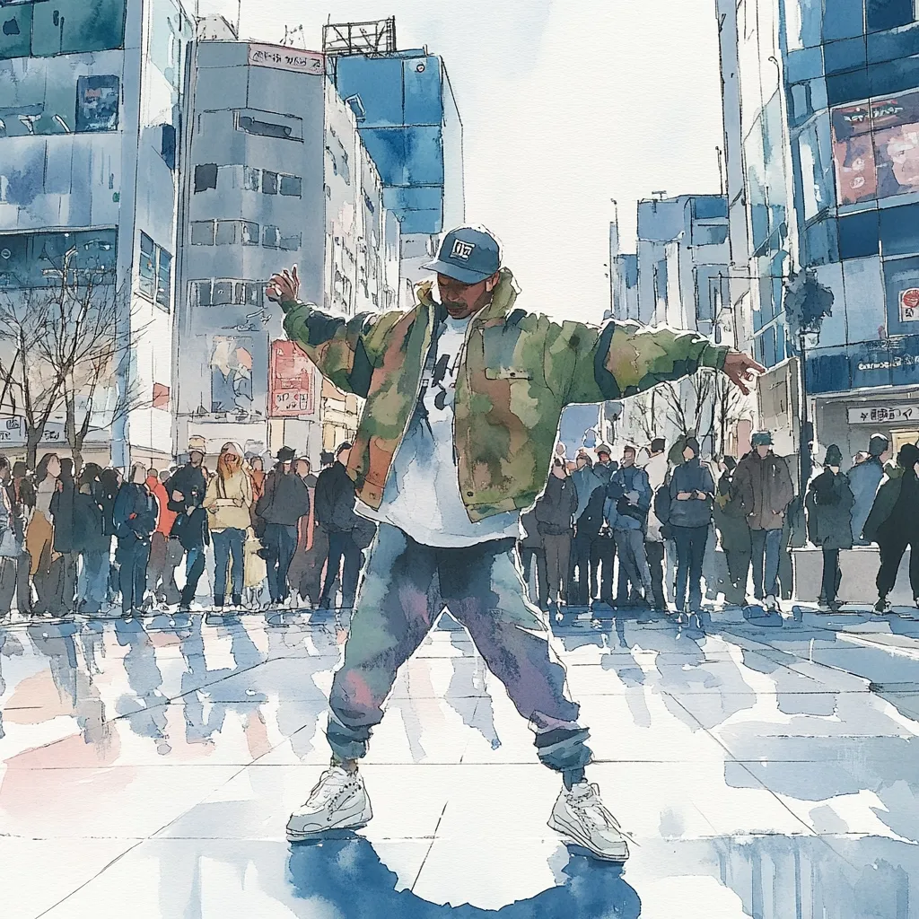 A watercolor painting depicts a breakdancer in a camouflage jacket and white sneakers performing in a city square.  The dancer's arms are outstretched, dynamic movement suggested.  A crowd of onlookers observes from a distance, blurred slightly in the background.  Modern city buildings form a backdrop, reflecting in the wet pavement. The overall style is impressionistic and vibrant.