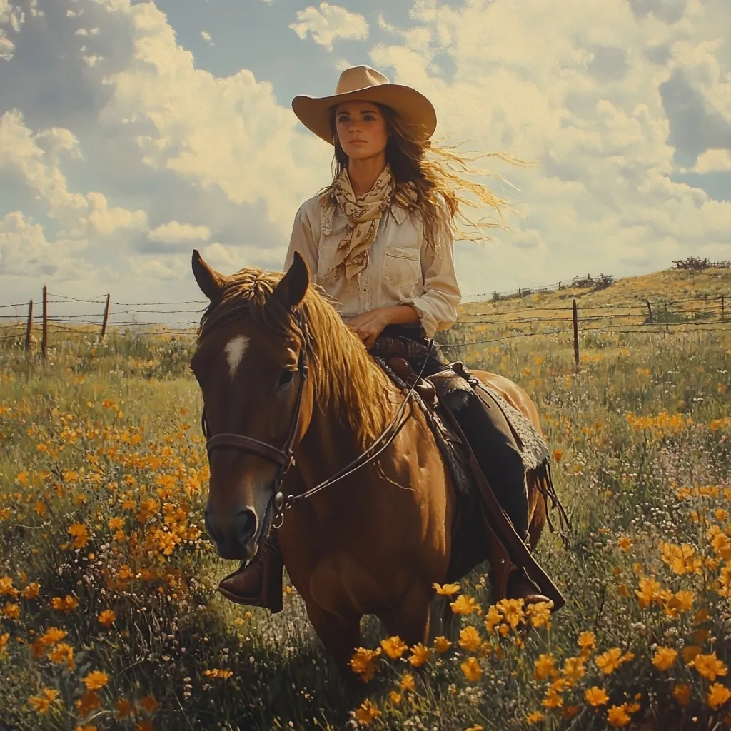 A young woman in a cowboy hat and light-colored shirt rides a brown horse through a field of yellow wildflowers.  The setting sun casts a warm glow on the scene.  A barbed wire fence is visible in the background, suggesting a rural landscape.  Her long hair flows freely in the breeze as she sits confidently astride her mount.  The overall mood is serene and evocative of the American West.