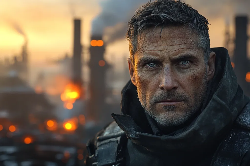 Close-up portrait of a man with short, graying hair and a serious expression.  He's wearing a dark, possibly fire-resistant, jacket.  The background is blurred but shows an industrial setting with flames and smoke, suggesting a scene of disaster or conflict.  His intense gaze and weathered features convey a sense of strength and resilience.