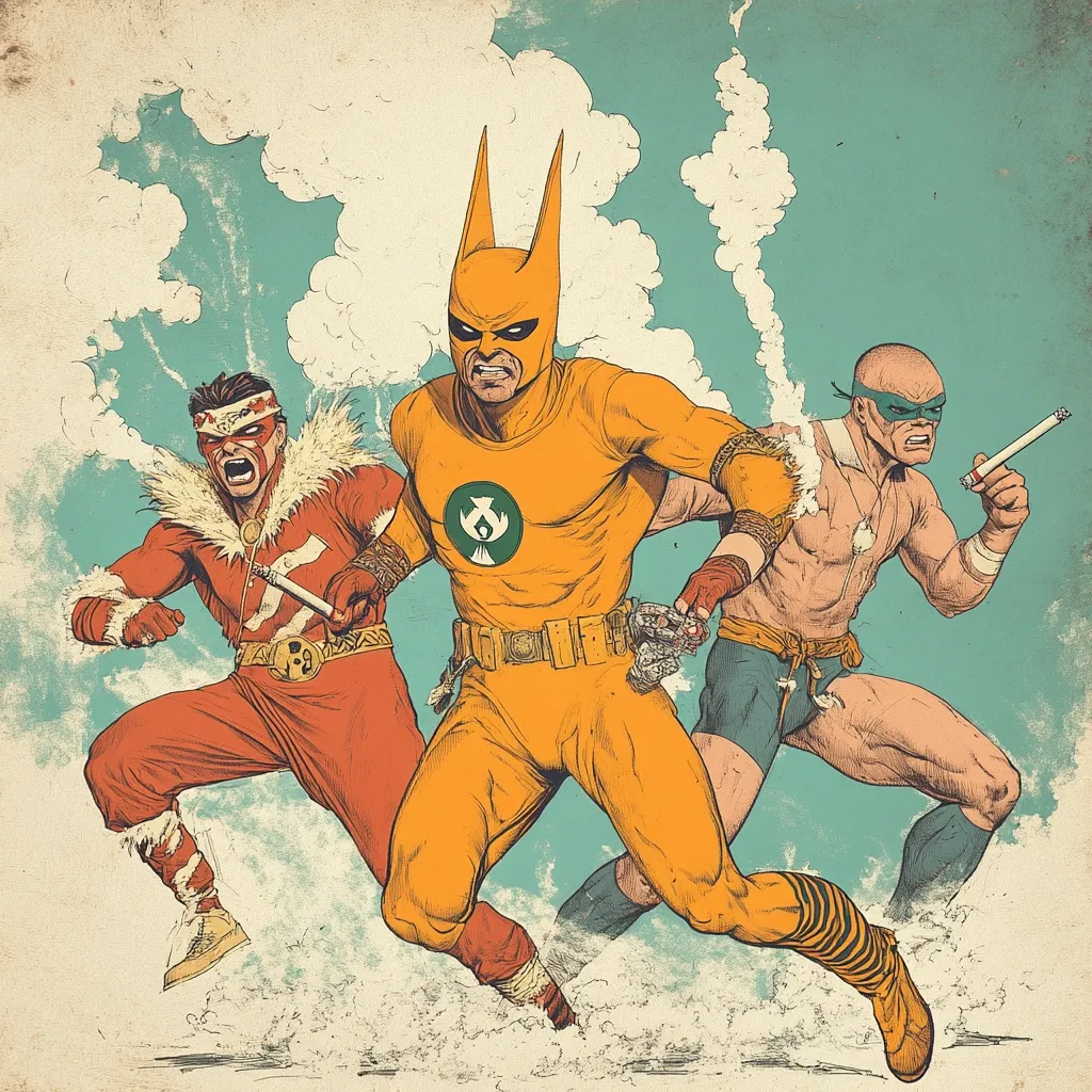 A dynamic illustration showcases three distinct superheroes in action.  The central figure, clad in an orange suit with pointed ears, dominates the scene. Flanking him are two others, one in red and white, the other in teal. Each figure exudes power and determination, their poses suggesting intense movement.  A vintage, comic-book aesthetic is achieved through the color palette and textured background.  All three figures hold cigarettes.