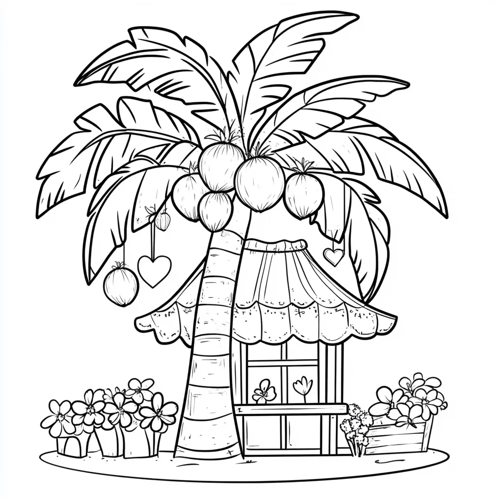 A charming black and white illustration depicts a coconut palm tree with a small shop built into its trunk.  Coconuts hang from the branches, adorned with hearts.  The shop has a thatched roof and a small window displaying flowers.  Flowering plants are nestled at the base of the tree, completing the idyllic tropical scene, perfect for coloring.
