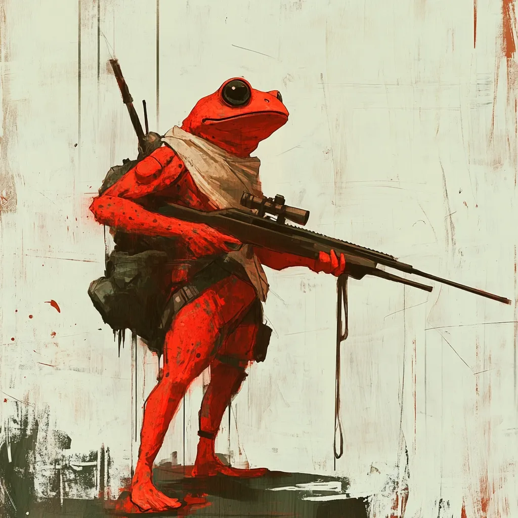 A vibrant digital painting showcases a red frog-like creature, anthropomorphically depicted as a soldier.  Clad in tactical gear, including a backpack and a scavenged cloth around its neck, the amphibian holds a scoped rifle. The style is painterly, with visible brushstrokes creating a textured, almost grunge-like effect on the off-white background.  The frog's intense gaze and firm grip on the weapon suggest readiness and a sense of purpose.