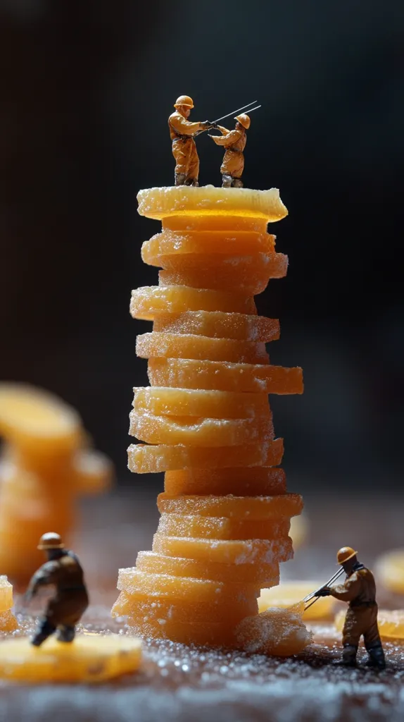 Miniature figures of construction workers are depicted working on a precarious stack of orange, circular, sugary treats.  Two workers appear to be collaborating atop the structure, while others work at the base. The scene is set against a dark background, enhancing the whimsical contrast between the tiny figures and the substantial confectionery tower.  A dusting of powder suggests sugar or flour.