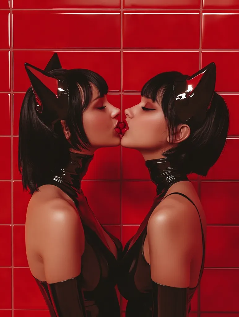 Two women with short black hair, wearing matching black cat-ear headbands and shiny black latex dresses, are captured in a close-up shot.  They are positioned against a vibrant red tiled background, their lips almost touching in a passionate moment. The image is stylized and suggestive of a provocative theme.