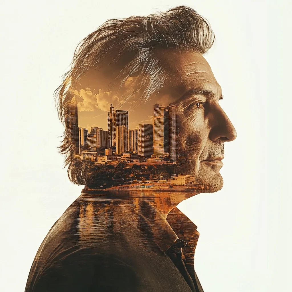 A double exposure image portrays a man's profile superimposed with a cityscape at sunset.  His graying hair blends with the sky, while the city skyline fills his head and reflects in the water below.  The overall effect is contemplative, suggesting the man's inner world and ambitions are linked to the vibrant urban environment.  The sepia tone adds a vintage, thoughtful feel.