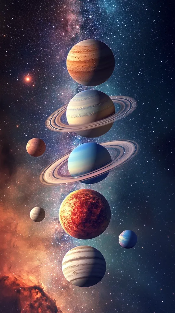 A captivating cosmic scene depicts multiple planets arranged vertically against a backdrop of a star-dusted galaxy.  Three prominent planets, each with visible rings, are centrally positioned, their sizes varying.  Smaller planets and celestial bodies surround them, enhancing the depth and scale of the image.  The colors are vibrant and the overall aesthetic is both artistic and scientifically evocative.