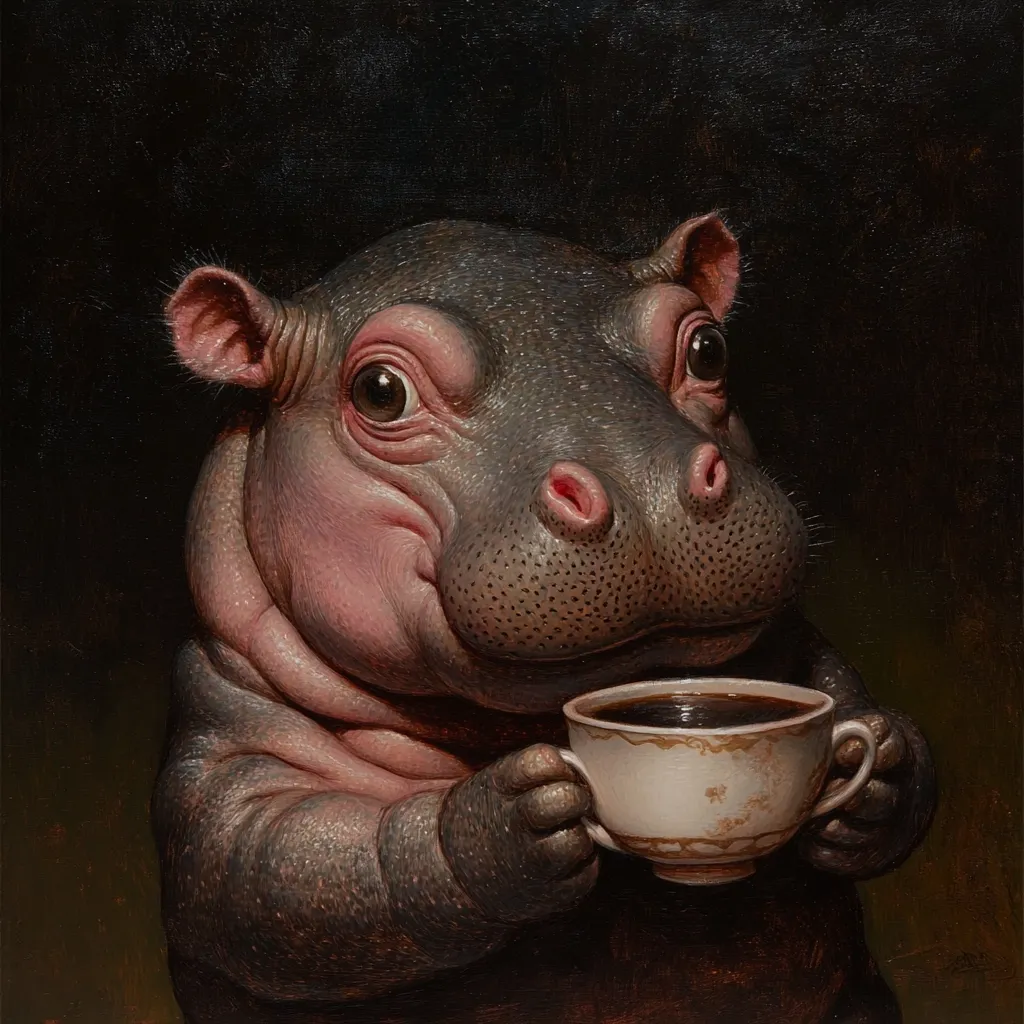 A charming painting depicts a baby hippopotamus delicately holding a small, ornate teacup filled with dark liquid, possibly coffee or tea.  The hippo's expression is one of gentle contentment, its large eyes soft and expressive.  The dark background contrasts sharply with the hippo's pinkish skin and the light-colored teacup, creating a striking visual effect. The painting's style is realistic and detailed, showcasing the textures of both the animal's skin and the ceramic cup.
