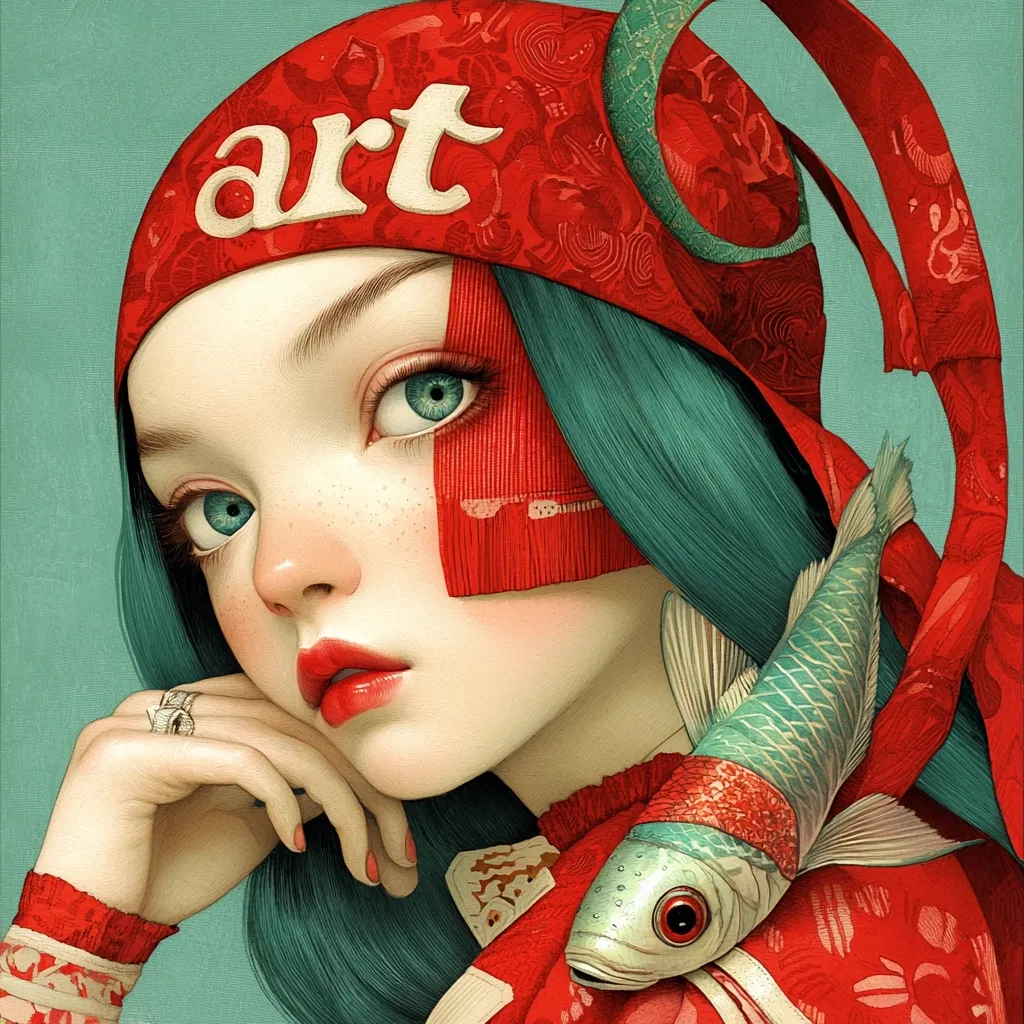 A stylized portrait of a girl with teal hair, wearing a red headband adorned with the word "art."  She has striking blue eyes and fair skin, and rests her chin on her hand. A decorative, teal and red fish is positioned near her shoulder, adding to the fantastical and artistic quality of the piece. The overall style is reminiscent of  illustration or concept art.