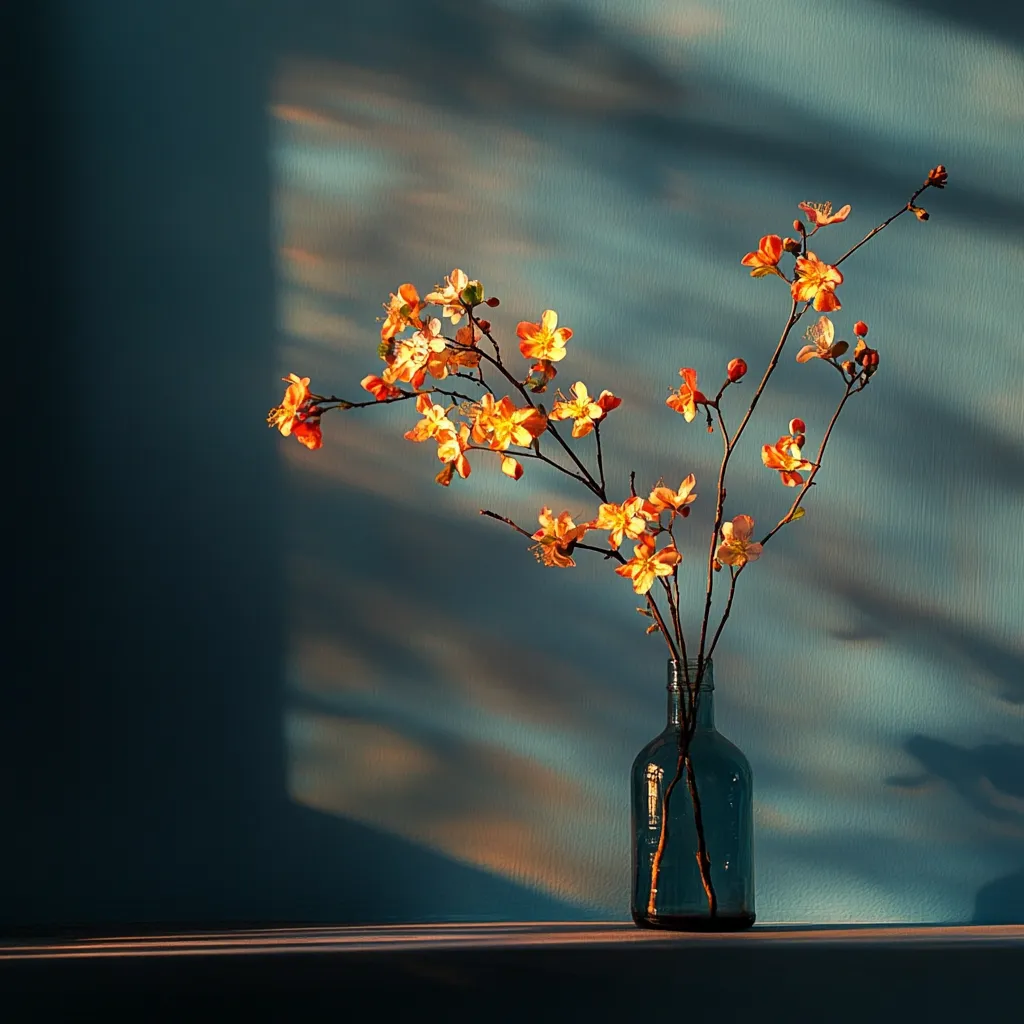 A delicate arrangement of peach-colored blossoms graces a teal glass bottle.  Sunlight streams through a window, casting shadows on a deep teal wall behind the floral display. The simple composition evokes a serene and peaceful atmosphere, highlighting the beauty of the blossoms against the contrasting background.  The overall aesthetic is minimalist and elegant.