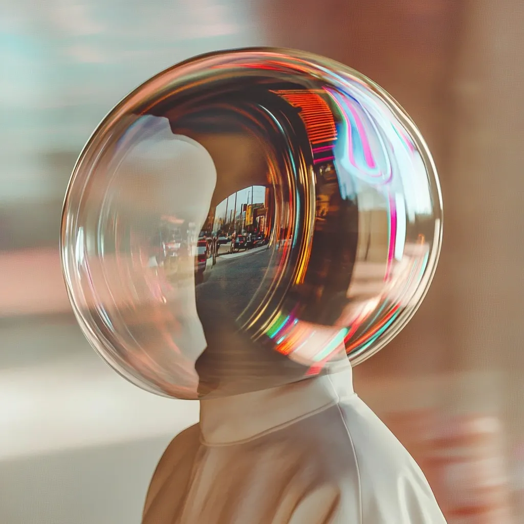 A person's head is encased in a large, transparent bubble helmet reflecting a city street scene. The bubble distorts the image, creating a surreal effect.  The individual wears a light beige, long-sleeved garment.  The overall aesthetic is dreamlike and futuristic, blending reality with an element of fantasy.  The background is blurred, emphasizing the bubble and its contents.
