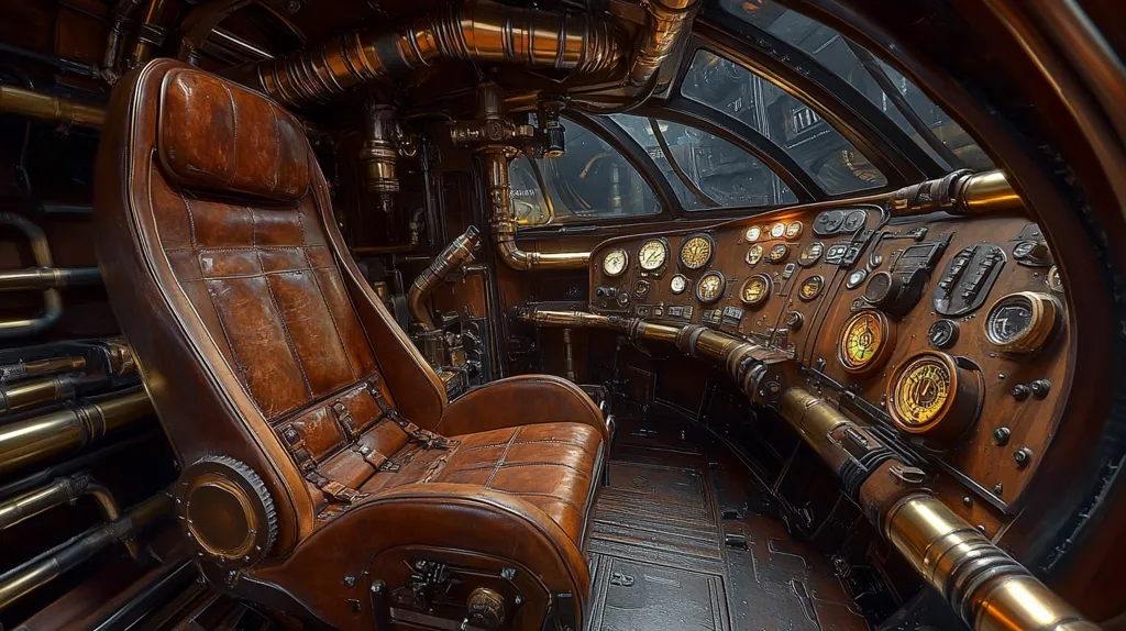 A steampunk-inspired vehicle's cockpit is shown.  Rich brown leather adorns the pilot's seat, contrasting with the polished brass and copper pipes and gauges.  The intricate control panel is filled with numerous dials and levers, creating a detailed and visually stunning scene. The overall aesthetic suggests a blend of Victorian-era technology and futuristic design elements.  Visible through a curved window is a dark, possibly industrial, exterior.