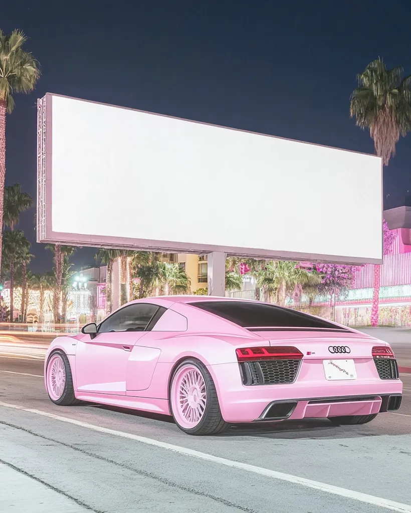 A vibrant pink Audi R8 sports car is parked beneath a large, blank billboard at night. Palm trees flank the scene, adding to the Californian aesthetic. The car's glossy paint and stylish rims stand out against the backdrop of city lights and the illuminated billboard.  The overall impression is one of luxury and stylish modernity.