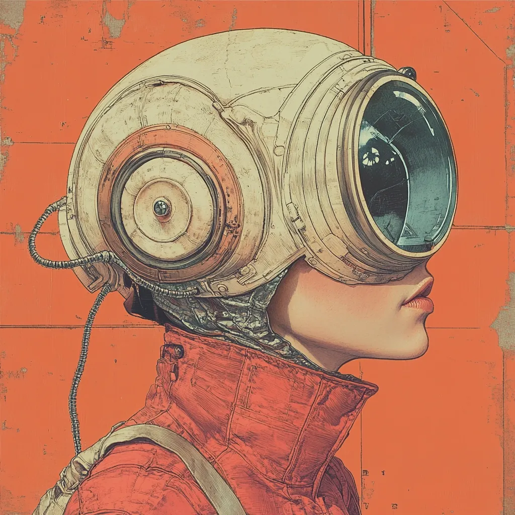 A stylized illustration depicts a woman in profile, wearing a futuristic helmet and an orange jumpsuit. The helmet is off-white with intricate details and a large, circular visor.  The woman's expression is serene, her gaze directed to the right. The background is a textured burnt orange, suggesting a worn or aged surface. The overall style is reminiscent of science fiction artwork, with a focus on detail and a muted color palette.