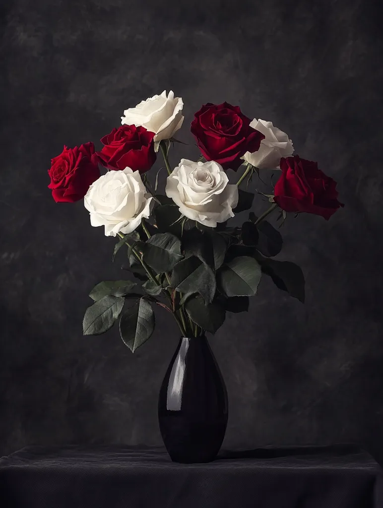A dark, moody still life featuring a bouquet of red and white roses arranged in a sleek, black vase.  The roses are vibrant, with deep red and pure white blooms creating a striking contrast. The dark background accentuates the colors of the flowers, creating an elegant and dramatic image. The overall feel is sophisticated and slightly melancholic.