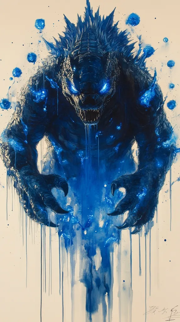 A striking watercolor painting depicts Godzilla, rendered in shades of blue.  His powerful stance and glowing eyes are accentuated by blue energy bursts surrounding him.  Dripping watercolor effects create a dynamic, almost ethereal atmosphere, enhancing the monster's imposing presence. The artwork is a stylized and expressive interpretation of the iconic creature.