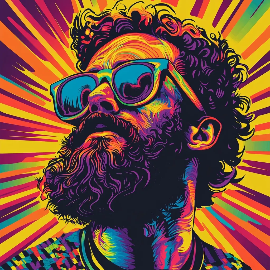 A vibrant, stylized portrait of a bearded man with curly hair, wearing sunglasses.  The artwork is rendered in bold, contrasting colors of purple, orange, yellow, and blue, creating a psychedelic effect.  The background features radiating lines, enhancing the energetic and dynamic feel. The man's expression is one of peaceful contemplation, his gaze directed upward.  The overall style is reminiscent of pop art and graphic design.