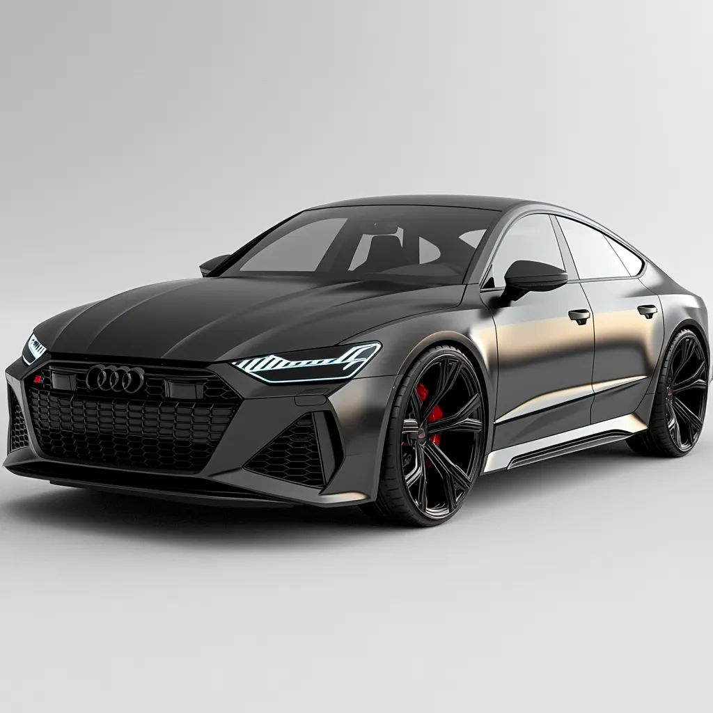 A sleek, black Audi RS7 Sportback is showcased against a minimalist grey background.  The car's aggressive front end, distinct headlights, and large, black alloy wheels are prominently featured.  The image highlights the vehicle's modern design and luxurious appearance.  The lighting is even, emphasizing the car's smooth, matte finish.