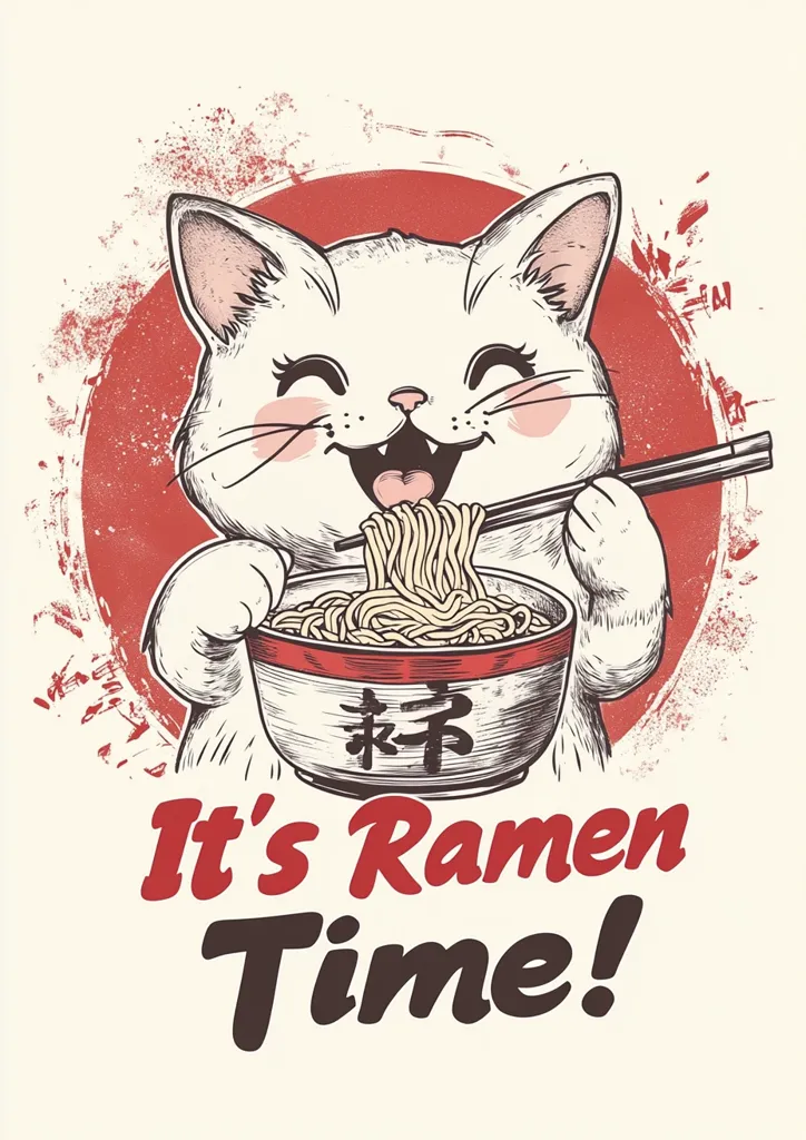An illustration shows a cheerful white cat happily eating ramen noodles with chopsticks.  The cat is positioned in front of a red sun-like background with a distressed texture.  The bowl of ramen features Japanese characters. Below the image, the text "It's Ramen Time!" is prominently displayed in a retro style font. The overall style is cute and nostalgic, suggesting a playful and enjoyable meal.