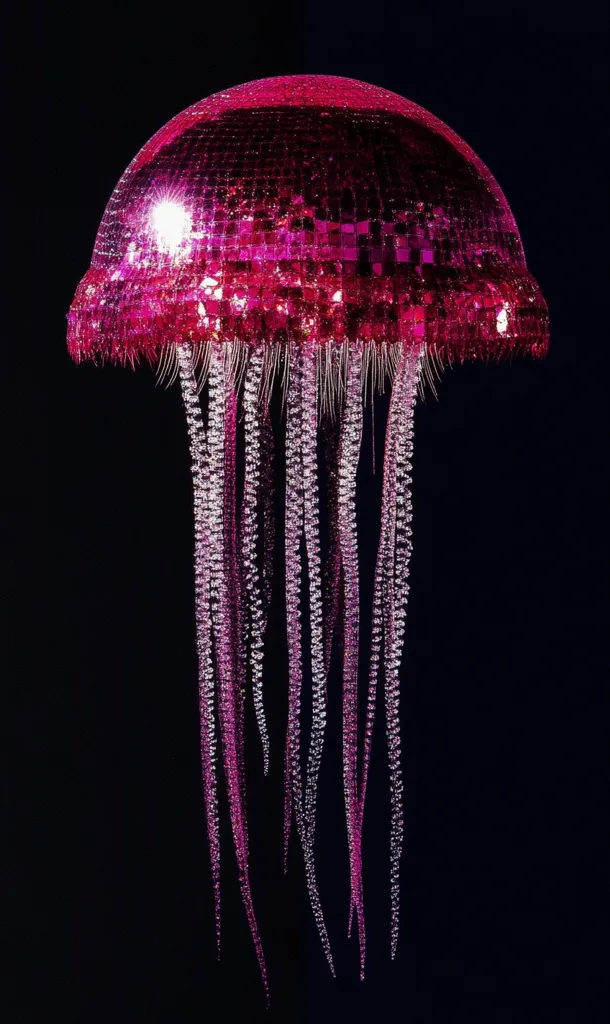 A dazzling pink jellyfish sculpture dominates the frame, its bell crafted from shimmering disco ball-like sequins.  Long, delicate tentacles, cascading downwards, are made of a similar material, creating a gradient effect from light pink to deeper magenta.  The piece is set against a stark black backdrop, enhancing its vibrant, glamorous appearance.  It evokes a sense of both ethereal beauty and playful extravagance.