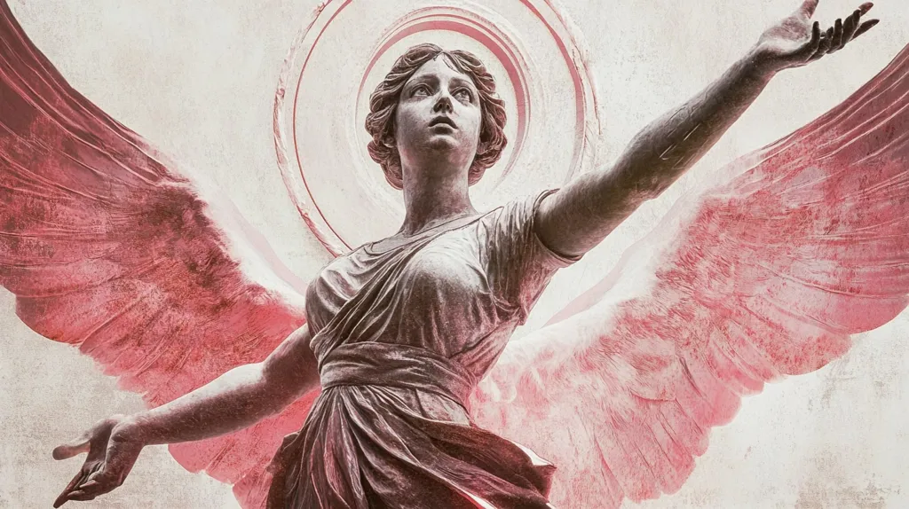 A stylized image depicts a statue of a winged angel.  The angel, sculpted in a classical style, is rendered in muted tones with a pinkish hue on the wings.  Her pose is one of uplifting grace, arms outstretched, suggesting ascension or blessing. The background is a textured off-white, adding to the ethereal and slightly melancholic mood. A circular halo-like element is visible behind her head.