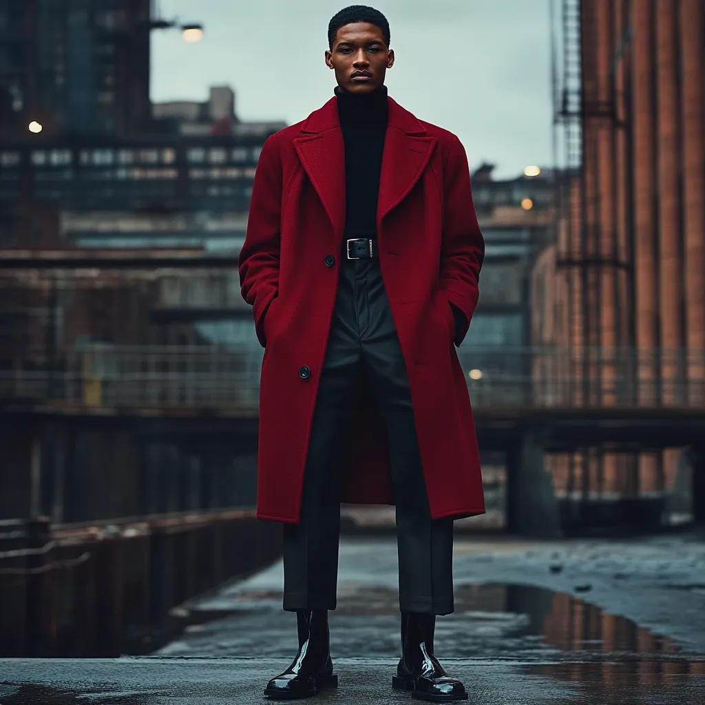 A stylish man stands on a wet urban surface, exuding sophistication. He's dressed in a vibrant crimson overcoat, worn over a black turtleneck and dark trousers.  His polished black boots and a subtly visible belt complete his refined look. The industrial backdrop contrasts sharply with his elegant attire, creating a striking image.