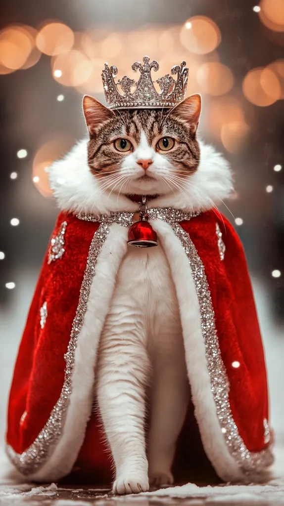 A tabby cat, regal in a red velvet cape with silver trim, sits majestically.  A sparkling crown adorns its head, adding to its royal appearance.  A small bell hangs from its collar.  A snowy backdrop and soft bokeh lights enhance the festive and enchanting scene. The cat's expression is serious and captivating.