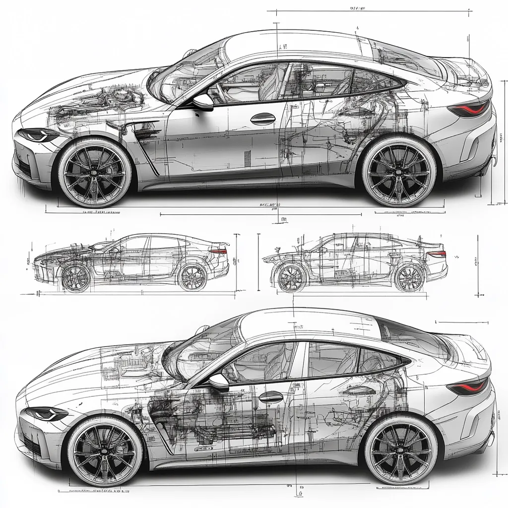 The image displays detailed technical drawings of a modern coupe.  Three views are shown: a perspective side view revealing internal components, a side profile, and a top-down view.  Measurements and annotations are included, suggesting a design blueprint or engineering schematic. The style is a combination of 3D rendering and technical line art, highlighting both the car's aesthetic and mechanical elements.