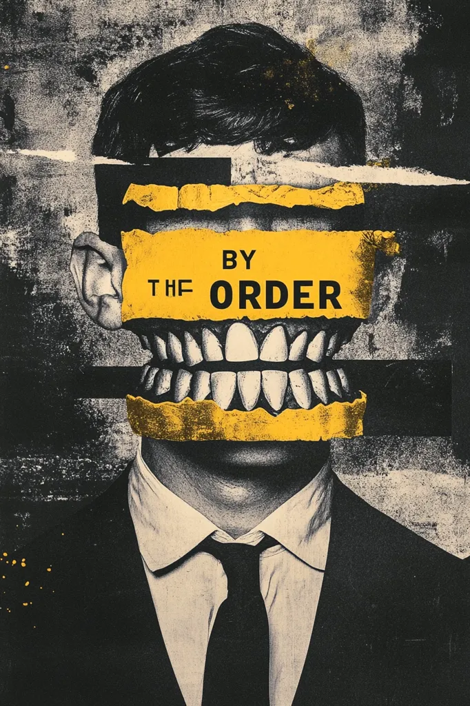 A stylized portrait of a man in a suit. His face is partially obscured by a yellow band reading "BY THE ORDER," revealing a monstrous, fanged mouth beneath.  The image is gritty and textured, evoking a sense of unease and hidden menace. The overall style is reminiscent of protest art or political commentary.