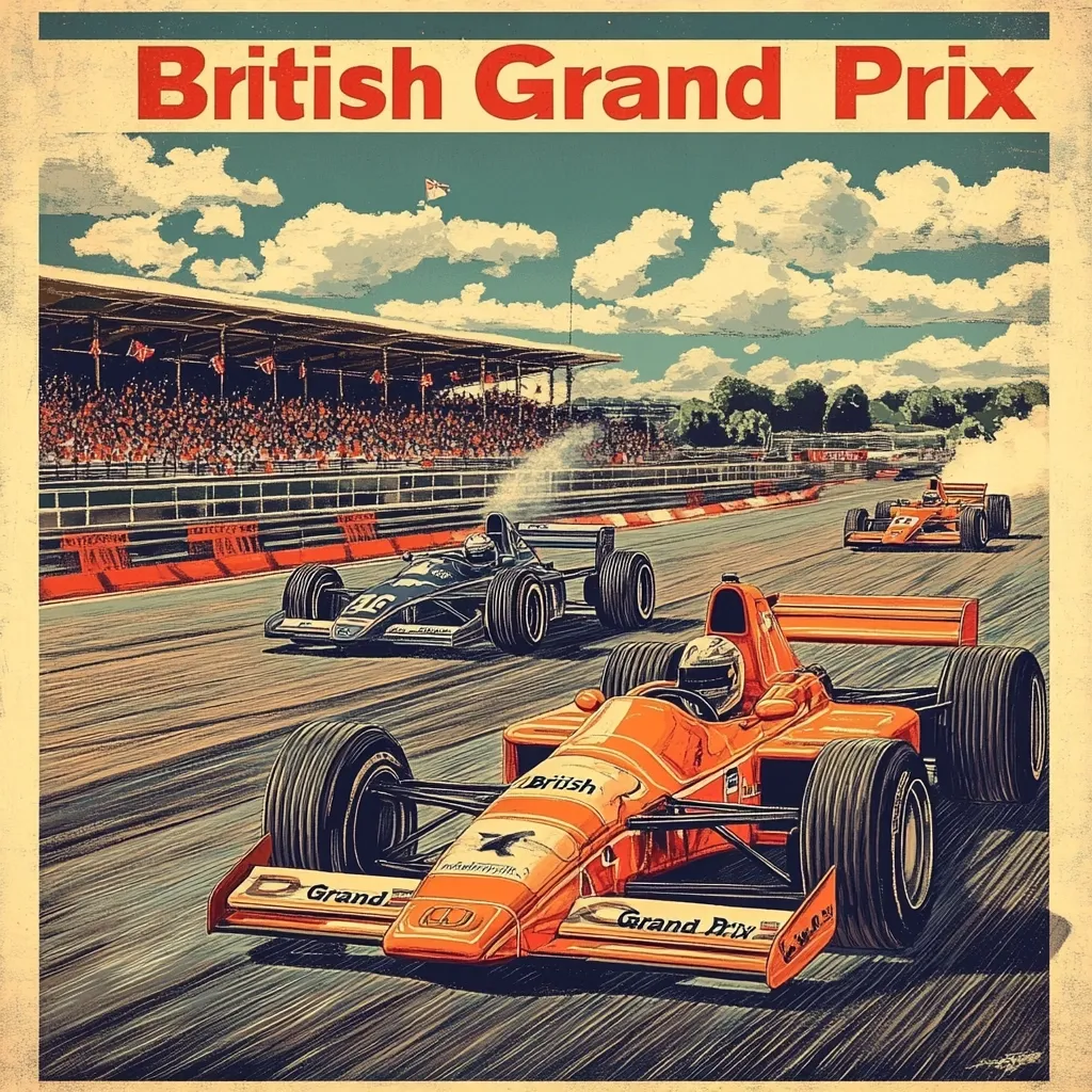 A vintage-style poster depicts a thrilling British Grand Prix race.  Three Formula 1 cars speed along a track, with a vibrant orange car in the foreground, followed by a black car and a red one further back.  A large crowd cheers from the grandstands under a partly cloudy sky. The title "British Grand Prix" is prominently displayed at the top, evoking a nostalgic feel of classic motorsport.