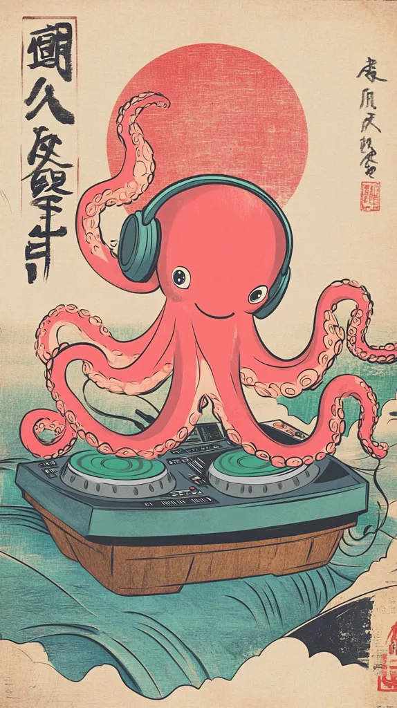 A vibrant illustration in ukiyo-e style depicts a pink octopus wearing headphones and skillfully operating a DJ mixer.  The octopus is positioned atop a wave, with a large red sun in the background.  Japanese kanji characters flank the image, adding to its artistic and cultural context. The overall style blends traditional Japanese art with a modern pop culture element.