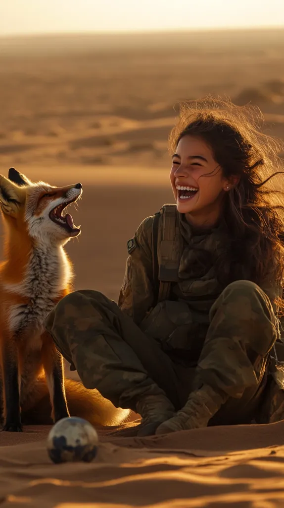 A young woman in camouflage clothing sits in a desert landscape, laughing joyfully alongside a red fox.  The golden hour sunlight bathes the scene in warm tones. The fox appears relaxed and comfortable near the woman, suggesting a bond between them.  A small, reflective sphere sits between them on the sand. The overall impression is one of peace and connection with nature.