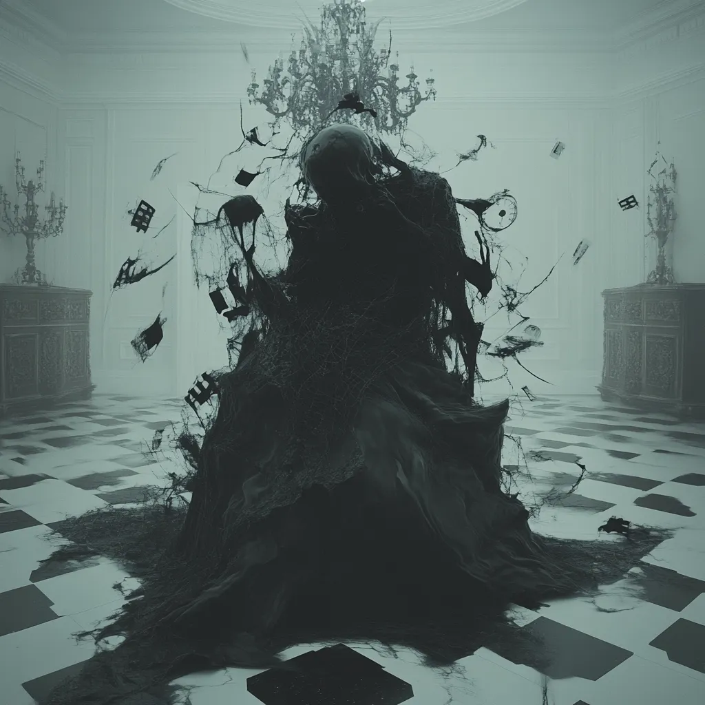 A dark, shadowy figure, seemingly melting or dissolving, sits in a grand, opulent room.  Its form is indistinct, obscured by tendrils and debris, suggesting decay or corruption.  The figure is centered beneath a large chandelier in a room with a checkered floor, antique furniture, and a somber, muted color palette. The overall atmosphere is eerie and unsettling.