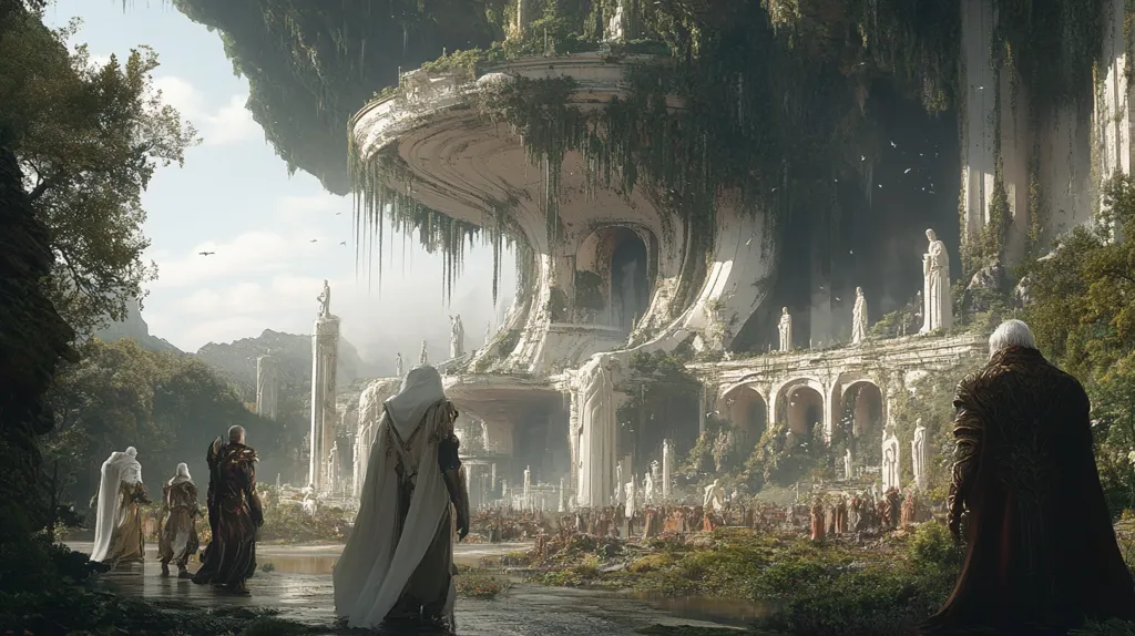A breathtaking vista unfolds, showcasing a colossal, decaying structure nestled within a lush, verdant landscape.  Overgrown with vegetation, the ancient edifice displays classical architecture, punctuated by numerous statues.  Figures in flowing robes, possibly pilgrims or attendees, gather before it, creating a scene of both ruin and reverence.  The overall atmosphere is one of mystery and quiet grandeur, hinting at a rich, untold history.