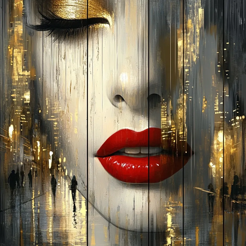 A stylized portrait of a woman's face is depicted, partially obscured by a blurred cityscape at night.  The woman's eyes are closed, her golden eyeshadow contrasting with her vibrant red lips.  The artwork uses a vertical plank effect, creating a textured, almost wooden, background.  Silhouetted figures walk in the rain-slicked city streets overlaid onto the woman's face. The overall mood is mysterious and glamorous.