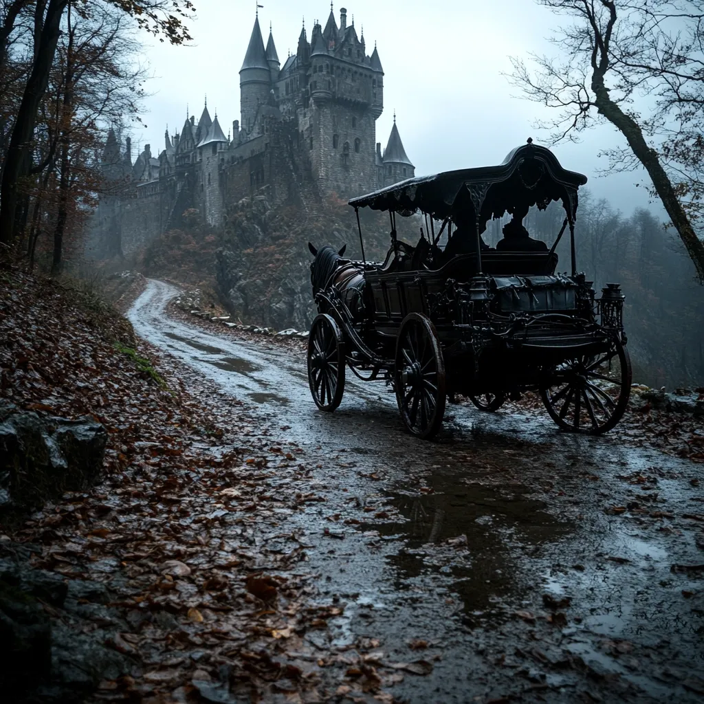 A horse-drawn carriage travels a muddy path toward a majestic, imposing castle nestled on a cliffside.  The scene is shrouded in a misty, autumnal atmosphere, with bare trees lining the road and fallen leaves covering the ground. The dark carriage and gloomy setting evoke a sense of mystery and perhaps even foreboding.