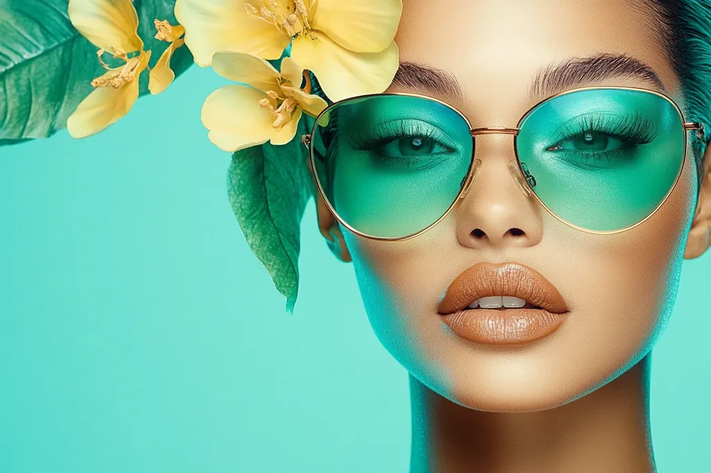 Close-up of a woman's face adorned with yellow flowers and teal-tinted round sunglasses.  Her makeup is subtly defined, showcasing a natural yet glamorous look. The background is a vibrant teal, creating a refreshing and summery aesthetic.  The image emphasizes beauty, style, and a carefree vibe.