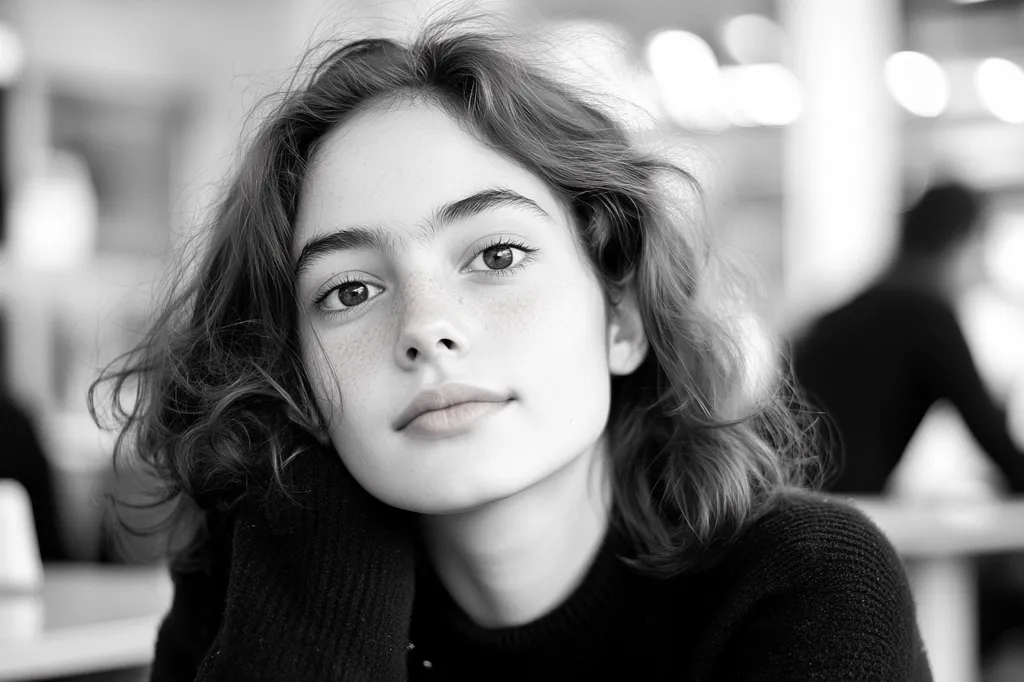 A black and white close-up portrait of a young woman with curly hair and freckles. She is looking directly at the camera, her hand resting gently on her chin.  She wears a dark sweater. The background is blurred, suggesting an outdoor cafe setting.  Her expression is serene and thoughtful.
