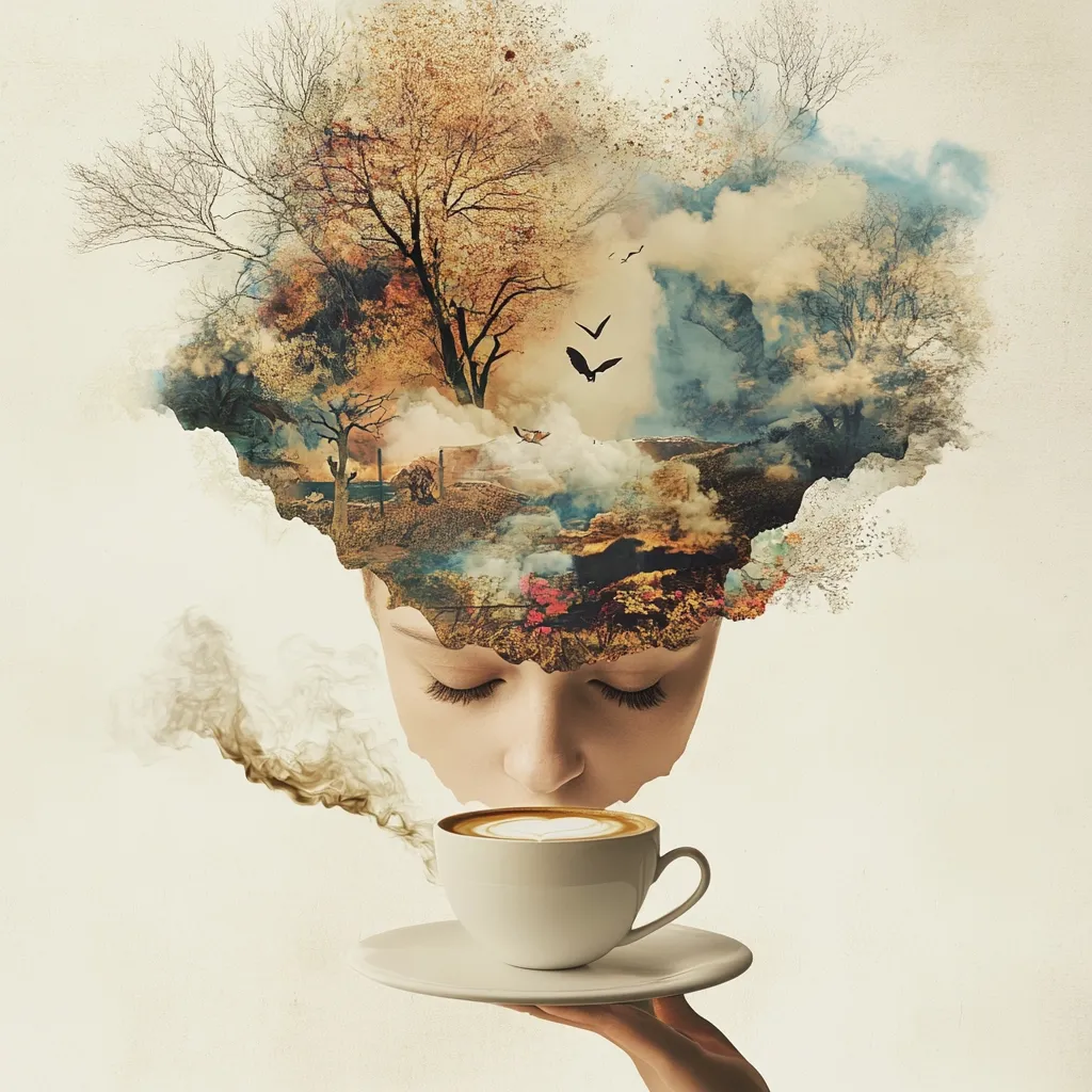 A surreal digital artwork depicts a woman's head replaced by a vibrant landscape.  Autumnal trees, a steam train, and a cloudy sky fill the space where her hair would be.  She gently inhales the aroma from a steaming cup of cappuccino, creating a dreamlike, contemplative atmosphere.  The blend of nature and human elements evokes feelings of tranquility and inner peace.