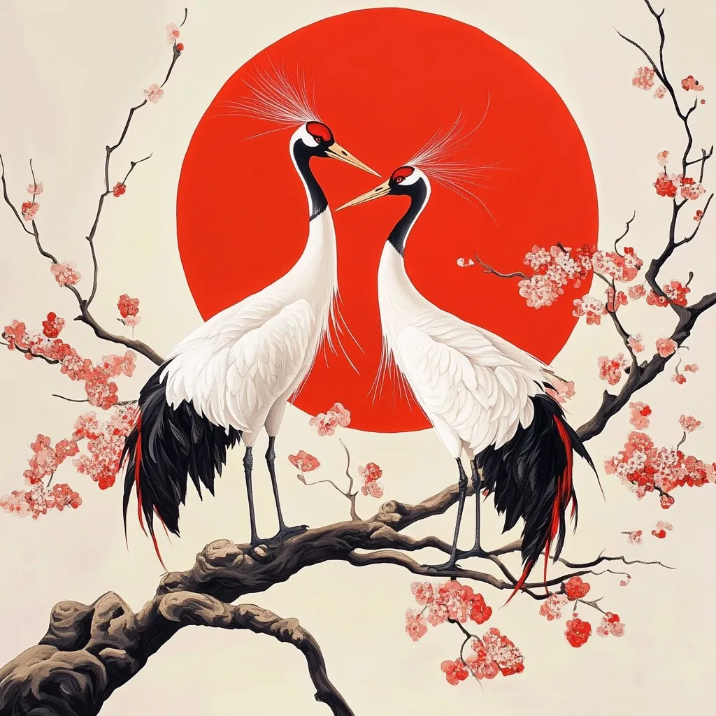 A painting depicts two elegant red-crowned cranes perched on a blossoming plum branch.  Their white bodies contrast sharply with their black and red tail feathers.  A large, vibrant red circle, reminiscent of a rising sun, forms a dramatic backdrop.  The delicate pink blossoms and the cranes create a serene, artistic scene evocative of East Asian aesthetics.