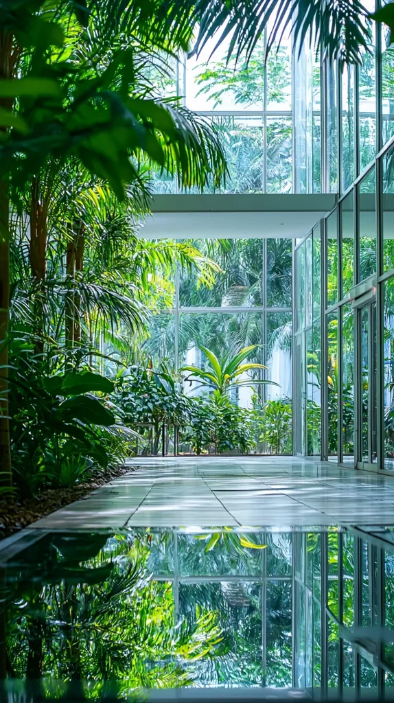 A modern glass building's interior features a lush, tropical garden.  Lush greenery, including palm trees and other tropical plants, fills the space, creating a tranquil indoor oasis.  The glass walls and ceiling allow abundant natural light to illuminate the scene, reflecting in a clear, shallow pool on the floor.  The reflection mirrors the vibrant foliage, enhancing the overall sense of serenity.
