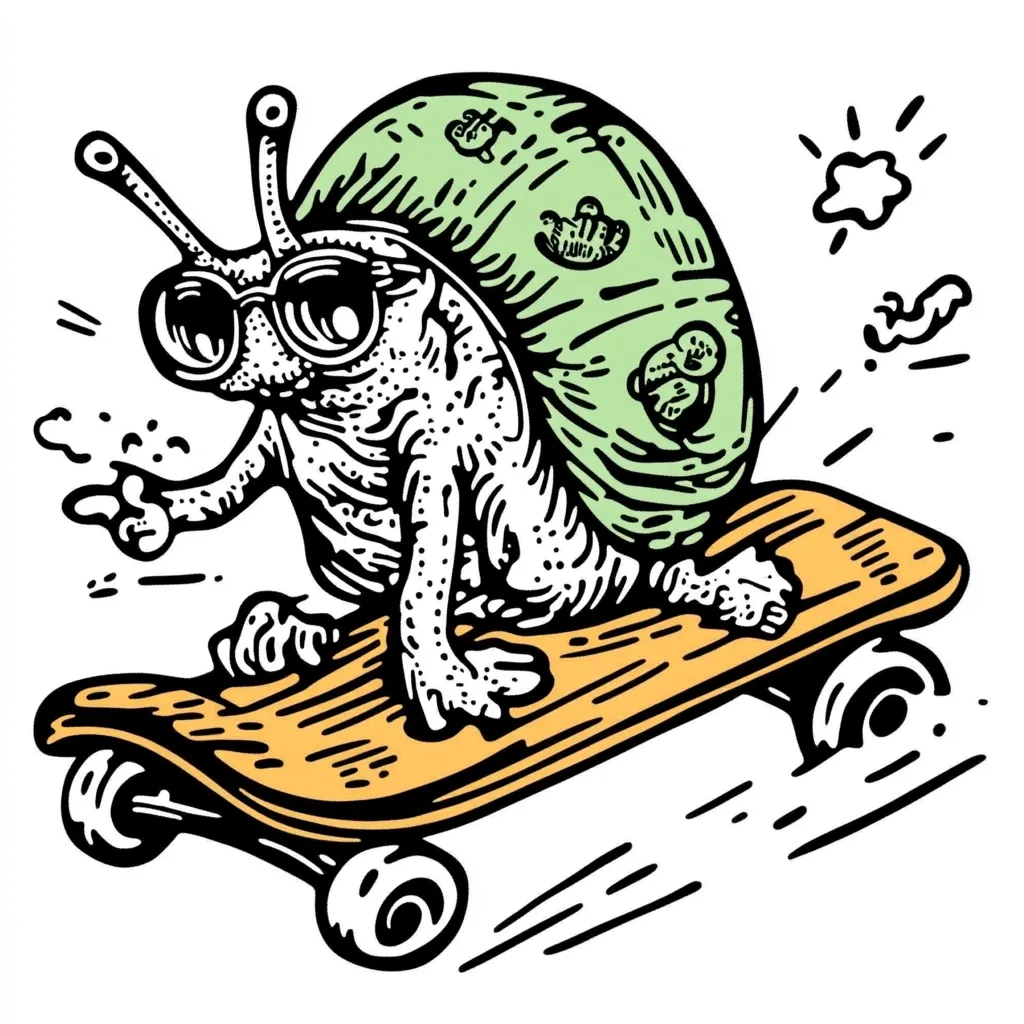 A stylized illustration depicts a snail wearing sunglasses, riding a skateboard.  The snail's shell is light green with smaller snail-like designs. The snail has a textured appearance and appears to be pointing. The skateboard is orange-yellow with black wheels and motion lines indicate speed. The style is reminiscent of vintage cartoons or tattoo art.