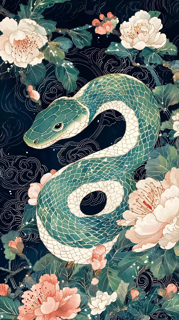 A stylized illustration depicts a teal and white snake coiled amidst lush, blossoming flowers against a dark background. The snake's scales are meticulously detailed, and its body forms a graceful loop.  Delicate, pale pink and white blossoms, possibly peonies or camellias, surround the reptile, creating a vibrant contrast.  The overall style evokes a sense of elegance and traditional Asian art.  Swirling lines in the background suggest movement and depth.