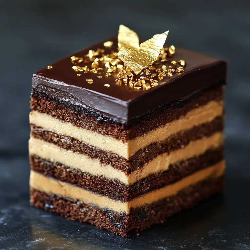 A decadent chocolate cake, layered with a light brown creamy filling, is elegantly adorned with gold leaf flakes. The rich dark chocolate ganache topping glistens, adding to the dessert's luxurious appeal.  The square-shaped cake sits on a dark surface, highlighting its rich textures and sophisticated presentation.