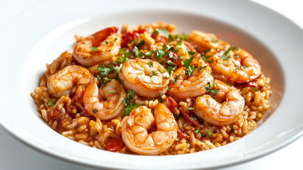 A vibrant dish of shrimp and rice is presented in a shallow white bowl.  Large, succulent shrimp are nestled atop a bed of seasoned rice, speckled with red peppers.  Fresh parsley garnishes the dish, adding a pop of green.  The shrimp appear cooked to a perfect pink hue, showcasing a delicious and appealing meal.