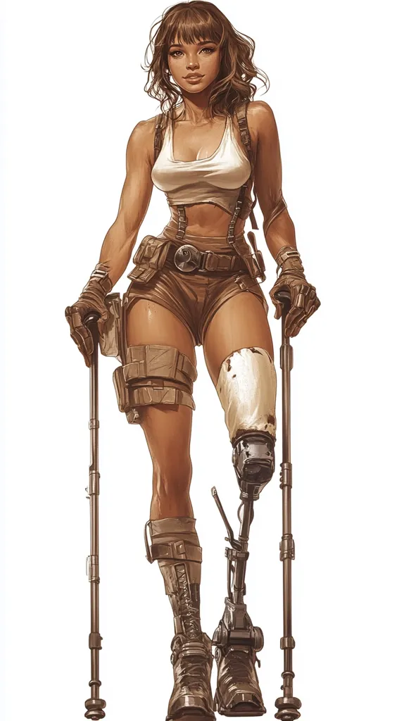 A strong, female adventurer stands confidently, her gaze directed forward.  She's clad in worn, earth-toned gear: khaki shorts, a white tank top, and sturdy boots.  A prosthetic leg, advanced yet weathered, replaces her lower left limb.  Two trekking poles provide support, reflecting a life lived on the move. Her determined expression and muscular physique suggest resilience and strength.